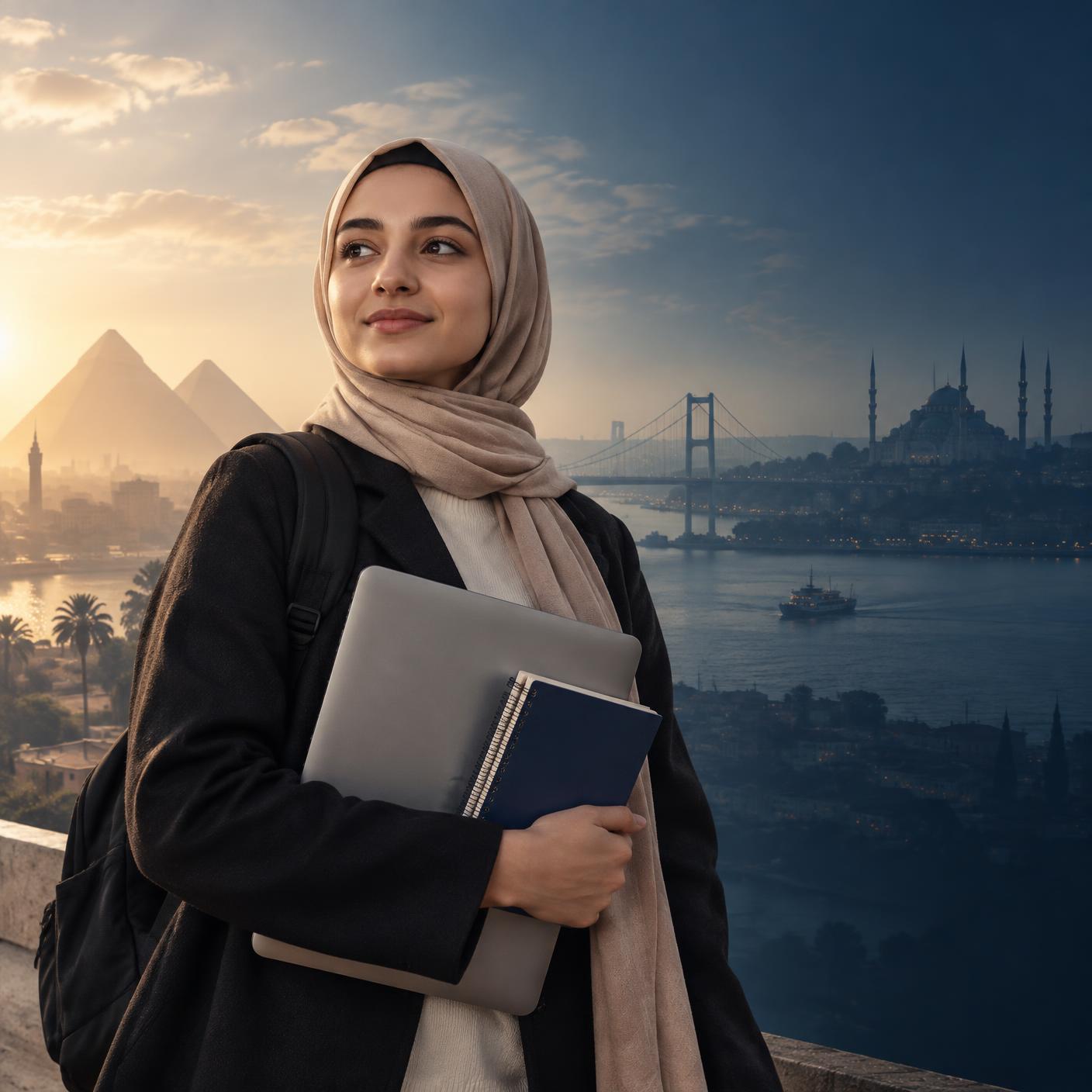 طالبة مصرية تحمل حاسوبها أمام معالم القاهرة وإسطنبول